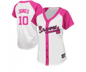 Women\'s Atlanta Braves #10 Chipper Jones Authentic White Pink Splash Fashion Baseball Jersey