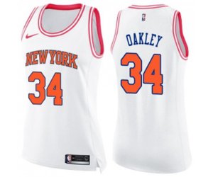 Women\'s New York Knicks #34 Charles Oakley Swingman White Pink Fashion Basketball Jersey