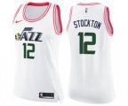 Women's Utah Jazz #12 John Stockton Swingman White Pink Fashion Basketball Jersey