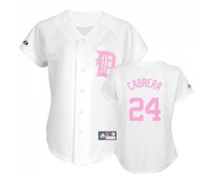 Women\'s Detroit Tigers #24 Miguel Cabrera Authentic White(Pink No.) Fashion Baseball Jersey