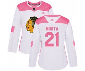 Women\'s Chicago Blackhawks #21 Stan Mikita Authentic White Pink Fashion NHL Jersey