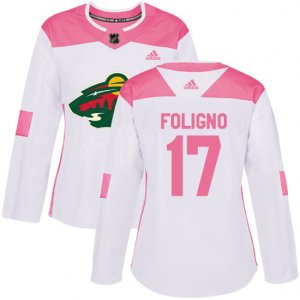 Women\'s Minnesota Wild #17 Marcus Foligno Authentic White Pink Fashion NHL Jersey