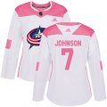 Women's Columbus Blue Jackets #7 Jack Johnson Authentic White Pink Fashion NHL Jersey