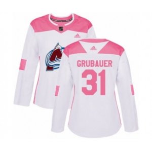 Women\'s Colorado Avalanche #31 Philipp Grubauer Authentic White Pink Fashion NHL Jersey