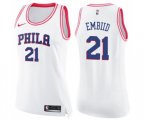 Women's Philadelphia 76ers #21 Joel Embiid Swingman White Pink Fashion Basketball Jersey