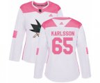 Women Adidas San Jose Sharks #65 Erik Karlsson Authentic White Pink Fashion NHL Jersey