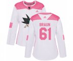 Women Adidas San Jose Sharks #61 Justin Braun Authentic White Pink Fashion NHL Jersey