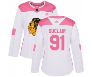 Women\'s Chicago Blackhawks #91 Anthony Duclair Authentic White Pink Fashion NHL Jersey