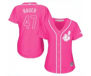 Women\'s Cleveland Indians #47 Trevor Bauer Authentic Pink Fashion Cool Base Baseball Jersey