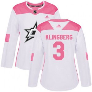 Women\'s Dallas Stars #3 John Klingberg Authentic White Pink Fashion NHL Jersey