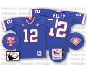 Buffalo Bills #12 Jim Kelly Royal Blue 35th Anniversary Patch Authentic Throwback Football Jersey