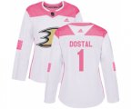 Women Anaheim Ducks #1 Lukas Dostal Authentic White Pink Fashion Hockey Jersey