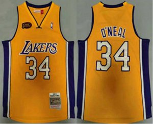 Los Angeles Lakers #34 Shaquille O\'neal Yellow Finals Patch 2000-01 Hardwood Classics Soul Swingman Throwback Jersey