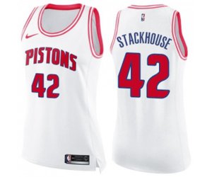 Women\'s Detroit Pistons #42 Jerry Stackhouse Swingman White Pink Fashion Basketball Jersey