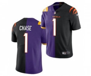 Cincinnati Bengals #1 Ja\'Marr Chase 2021 Black Purple Split Stitched Football Jersey