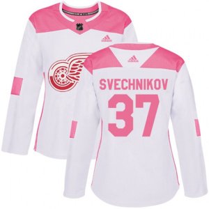 Women\'s Detroit Red Wings #37 Evgeny Svechnikov Authentic White Pink Fashion NHL Jersey
