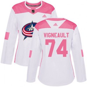 Women\'s Columbus Blue Jackets #74 Sam Vigneault Authentic White Pink Fashion NHL Jersey