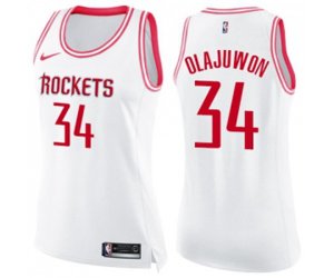 Women\'s Houston Rockets #34 Hakeem Olajuwon Swingman White Pink Fashion Basketball Jersey