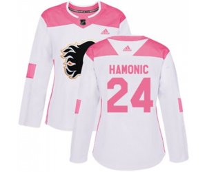 Women Calgary Flames #24 Travis Hamonic Authentic White Pink Fashion Hockey Jersey