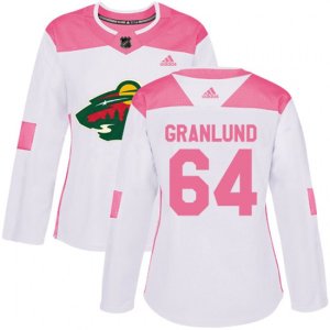 Women\'s Minnesota Wild #64 Mikael Granlund Authentic White Pink Fashion NHL Jersey
