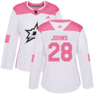 Women\'s Dallas Stars #28 Stephen Johns Authentic White Pink Fashion NHL Jersey