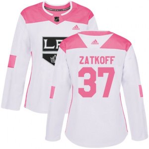 Women\'s Los Angeles Kings #37 Jeff Zatkoff Authentic White Pink Fashion NHL Jersey