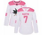 Women Adidas San Jose Sharks #7 Paul Martin Authentic White Pink Fashion NHL Jersey
