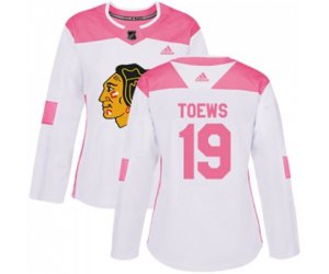 Women\'s Chicago Blackhawks #19 Jonathan Toews Authentic White Pink Fashion NHL Jersey