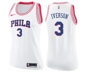 Women\'s Philadelphia 76ers #3 Allen Iverson Swingman White Pink Fashion Basketball Jersey
