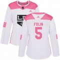 Women's Los Angeles Kings #5 Christian Folin Authentic White Pink Fashion NHL Jersey