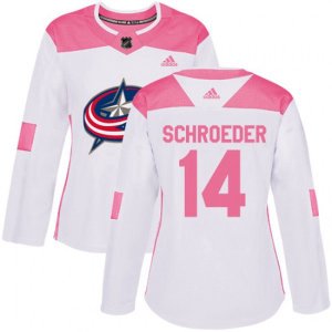 Women\'s Columbus Blue Jackets #14 Jordan Schroeder Authentic White Pink Fashion NHL Jersey