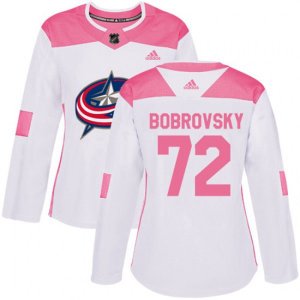 Women\'s Columbus Blue Jackets #72 Sergei Bobrovsky Authentic White Pink Fashion NHL Jersey