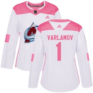 Women\'s Colorado Avalanche #1 Semyon Varlamov Authentic White Pink Fashion NHL Jersey