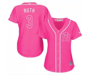 Women\'s New York Yankees #3 Babe Ruth Authentic Pink Fashion Cool Base Baseball Jersey