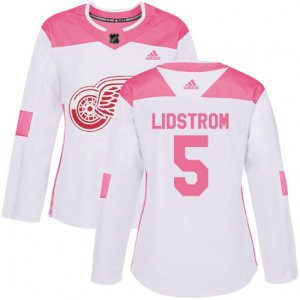 Women\'s Detroit Red Wings #5 Nicklas Lidstrom Authentic White Pink Fashion NHL Jersey