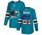 Adidas San Jose Sharks #61 Justin Braun Authentic Teal Green USA Flag Fashion NHL Jersey