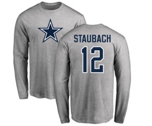 Dallas Cowboys #12 Roger Staubach Ash Name & Number Logo Long Sleeve T-Shirt