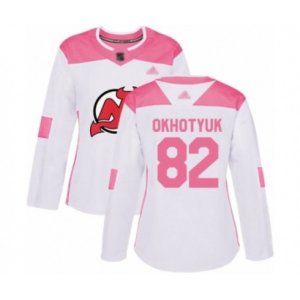 Women New Jersey Devils #82 Nikita Okhotyuk Authentic White Pink Fashion Hockey Jersey