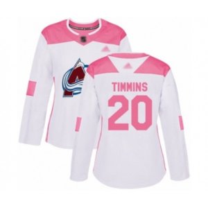 Women\'s Colorado Avalanche #20 Conor Timmins Authentic White Pink Fashion Hockey Jersey
