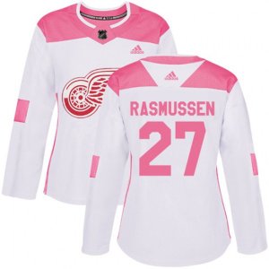 Women\'s Detroit Red Wings #27 Michael Rasmussen Authentic White Pink Fashion NHL Jersey