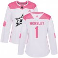 Women's Dallas Stars #1 Gump Worsley Authentic White Pink Fashion NHL Jersey