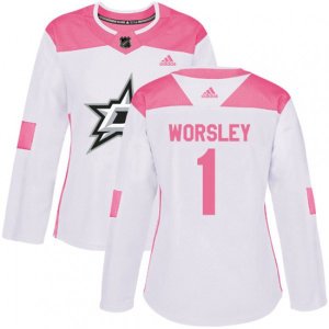 Women\'s Dallas Stars #1 Gump Worsley Authentic White Pink Fashion NHL Jersey