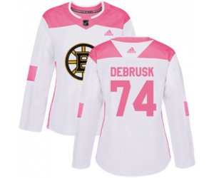Women Boston Bruins #74 Jake DeBrusk Authentic White Pink Fashion Hockey Jersey
