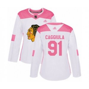Women\'s Chicago Blackhawks #91 Drake Caggiula Authentic White Pink Fashion Hockey Jersey