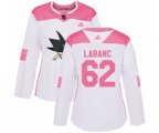 Women Adidas San Jose Sharks #62 Kevin Labanc Authentic White Pink Fashion NHL Jersey