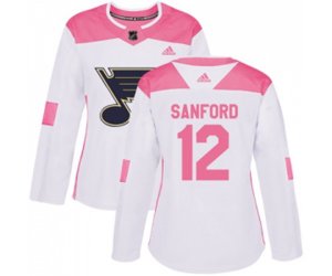 Women Adidas St. Louis Blues #12 Zach Sanford Authentic White Pink Fashion NHL Jersey