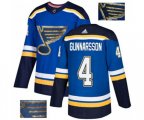 Adidas St. Louis Blues #4 Carl Gunnarsson Authentic Royal Blue Fashion Gold NHL Jersey