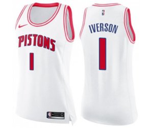 Women\'s Detroit Pistons #1 Allen Iverson Swingman White Pink Fashion Basketball Jersey