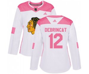 Women\'s Chicago Blackhawks #12 Alex DeBrincat Authentic White Pink Fashion NHL Jersey
