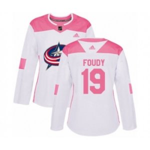 Women\'s Columbus Blue Jackets #19 Liam Foudy Authentic White Pink Fashion NHL Jersey